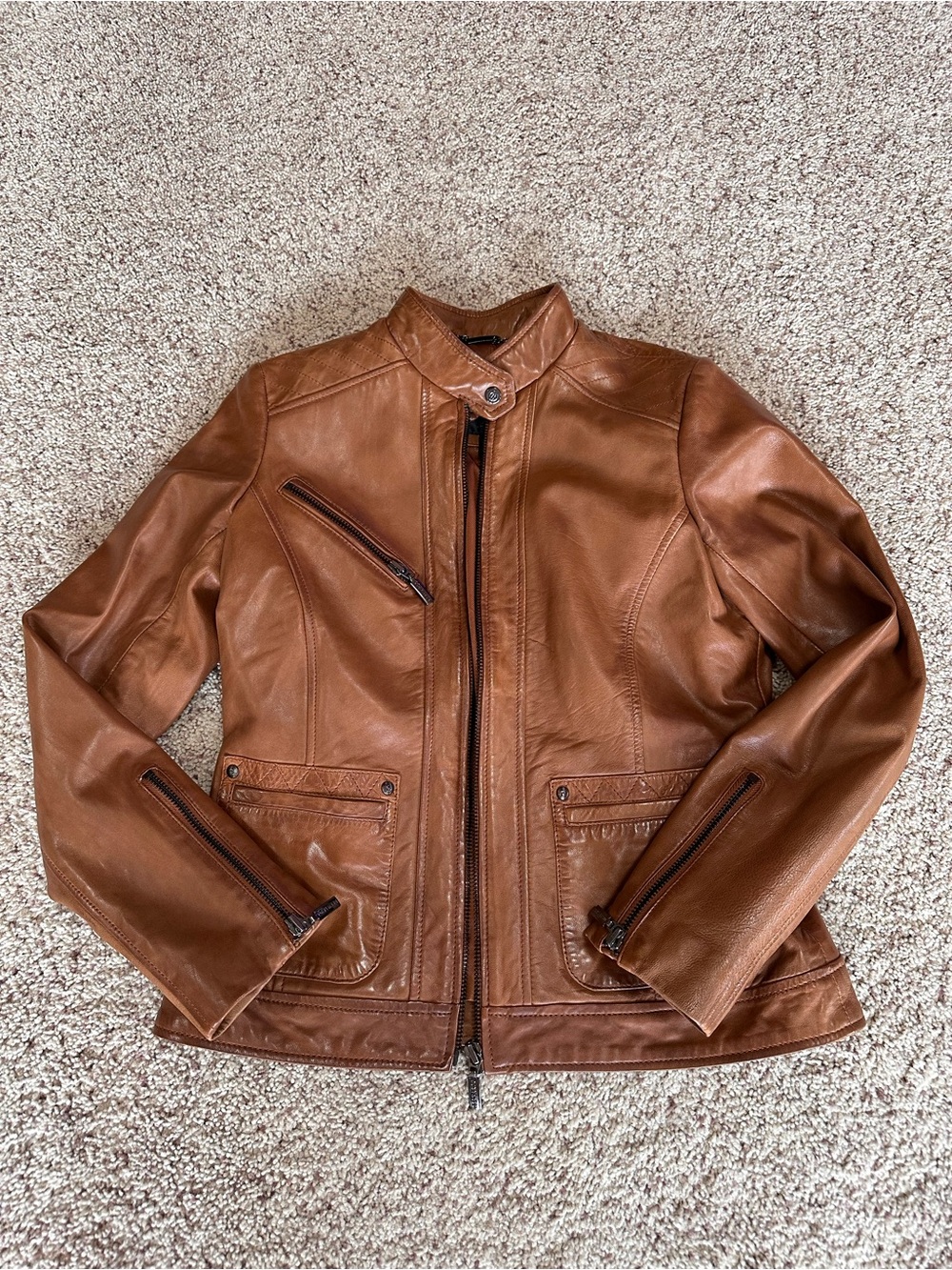 Bernardo Cognac Brown Leather Moto Jacket